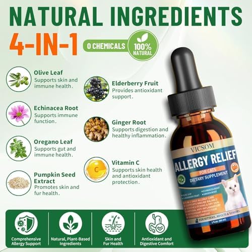 VICSOM Cat Allergy Relief for Cats, Itchy Skin Support Drops, 60 mL