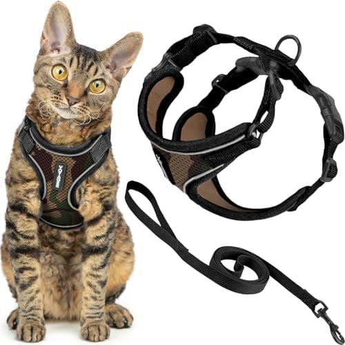 Voyager Escape-Proof Step-in Lock Cat Harness & 5ft Neoprene-Handle Leash Set All-Weather Mesh with Reflective Stitching for Small to Large Cats by Best Pet Supplies, Army (327), XS