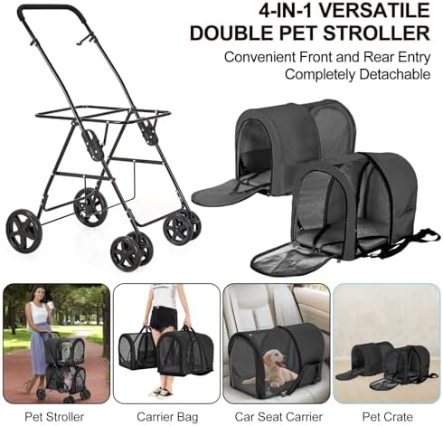 Double Pet Stroller for 2 Cats or 2 Dogs with Detachable Carriers