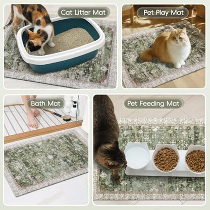 Cat Litter Mat Litter Trapping Mat, 40"x30" Waterproof Urine Proof Litter Box Mat Catcher Mat Non-Slip Washable for Kitty Kitten, Green