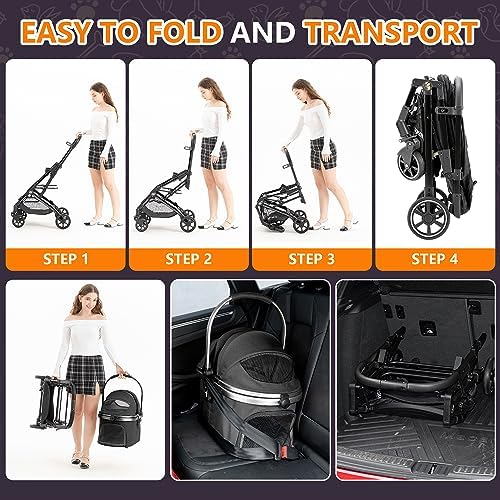 Kenyone 3-in-1 Pet Stroller for Small Medium Dogs Puppy Cat Stroller with Detachable Carrier & Pad Lightweight Foldable Aluminum Alloy Frame Dual No-Zip Entry(Black)