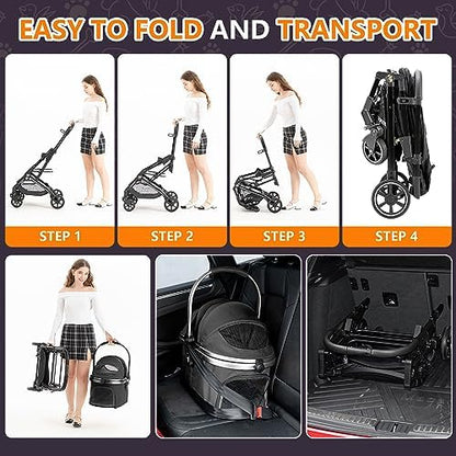 Kenyone 3-in-1 Pet Stroller for Small Medium Dogs Puppy Cat Stroller with Detachable Carrier & Pad Lightweight Foldable Aluminum Alloy Frame Dual No-Zip Entry(Black)