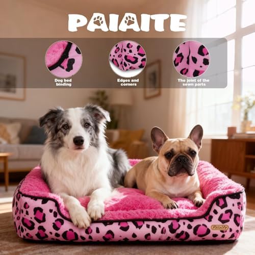 Rectangle Washable Dog Bed for Large, Medium & Small Dogs – Soft Calming Puppy Beds, Durable Warm Pet Sofa with Non-Slip Bottom for Indoor Use.Pink S Size (18.9"x18.9"x6.3")