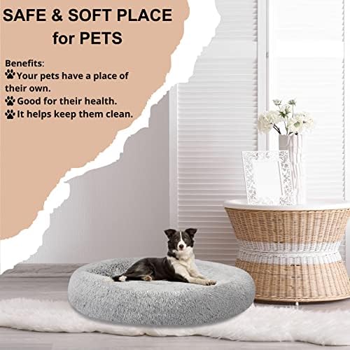 SAVFOX 54 inches Calming Donut Dog Bed - 3X Durable Plush Faux Fur, Machine Washable & Non-Slip, Fits up to 210 lbs, Removable Cover, Light Grey