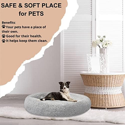 SAVFOX 54 inches Calming Donut Dog Bed - 3X Durable Plush Faux Fur, Machine Washable & Non-Slip, Fits up to 210 lbs, Removable Cover, Light Grey