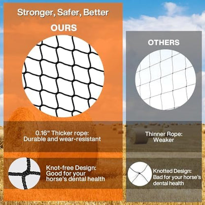 5 x 5 ft Round Bale Hay Net for Horses, with 20 Ropes Netting Comb Zip Tie