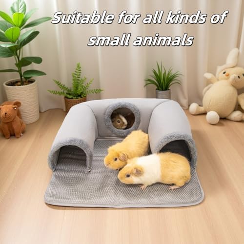 Guinea Pig Hideout Tunnel with Cool Bed for Bunny 3 Cave Small Animal Tunnel Toy Cages Rattan Mat