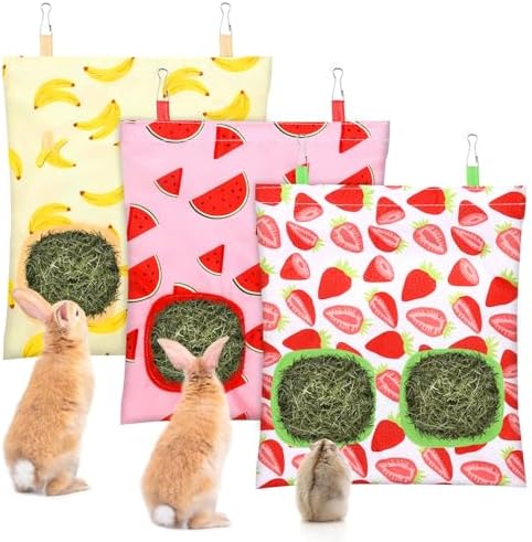 UPINS 3Pack Guinea Pig Hay Feeder Bag,Bunny Rabbit Cage Bag Hanging Holder