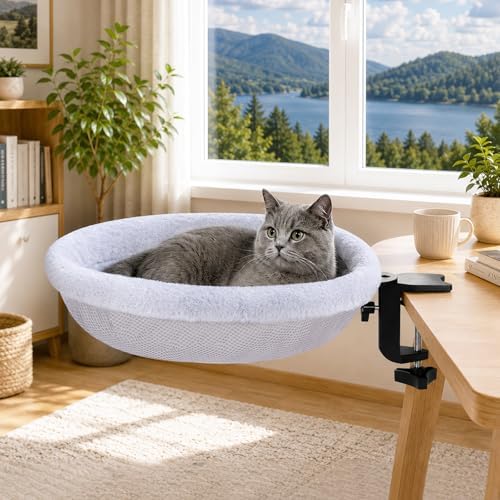 Cat Desk Bed Clamp On, 360 Swivel Faux Fur Perch, Gray