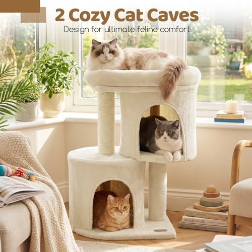 DORTALA Cat Tree for Indoor Cats, 26-Inch Cat Tower with 2 Cozy Condos, Sisal Scratching Post, Plush Top Perch, Modern Kittens Activity Play Center (Beige)