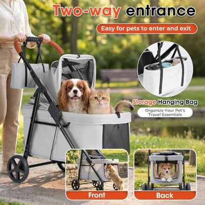 Foldable Pet Stroller Small Dogs Cats Up to 70 lb All-Terrain, Gray