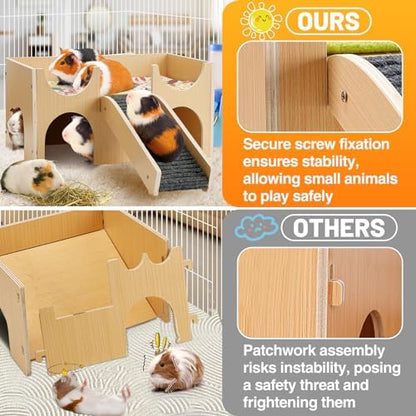 MEWTOGO Upgraded Sturdy Wooden Guinea Pig Castle with Stairs & Mat