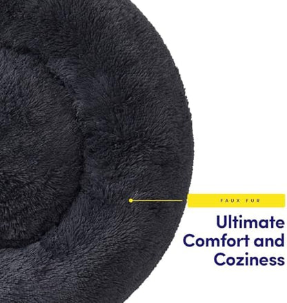 Dog & Cat Bed: Round Faux Fur Pet Bed - Plush, Cozy, & Calming Donut Bed for Medium Pets - Soft & Comfortable Sleeping Cushion for Napping & Lounging, 23" Round, Dark Gray