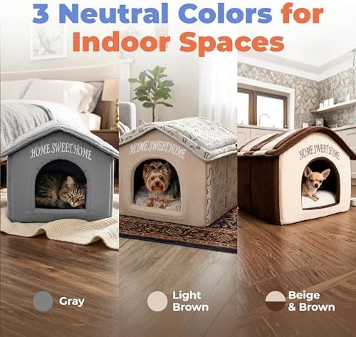 Best Pet Supplies Cat Bed for Indoor Cat, Domed Tent House with Removable Pillow, Covered Cat Cave for Small Dog, Puppies and All Breeds of Cats - Light Brown w/ Bones, 16 x 16 x H:14"