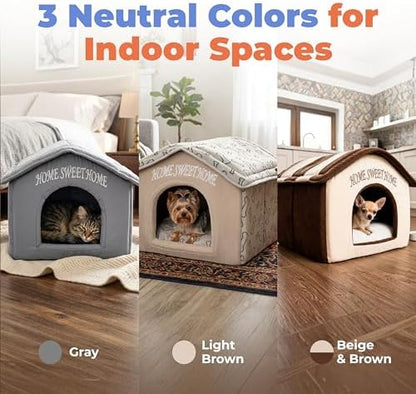 Best Pet Supplies Cat Bed for Indoor Cat, Domed Tent House with Removable Pillow, Covered Cat Cave for Small Dog, Puppies and All Breeds of Cats - Light Brown w/ Bones, 16 x 16 x H:14"