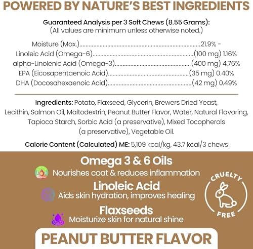 Omega 3 Fish Oil for Dogs, Peanut Butter - 180 Soft Chews for Skin and Coat