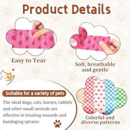 6 Pack 2 Inch x 5 Yards Checkered and Heart Print Pet Vet Wrap for Dogs, Cats, Horses, Non-Woven Self-Adhesive Cohesive Bandage Rolls for Wound Care, Ankle Sprains, Swelling, First Aid Protection