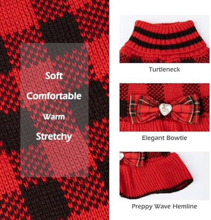 KYEESE Buffalo Plaid Dog Christmas Sweater Dress for Small Dogs Thick Knit