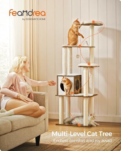 Feandrea Cat Tree, 64.6-Inch Multi-Level Tower with 5 Scratching Posts