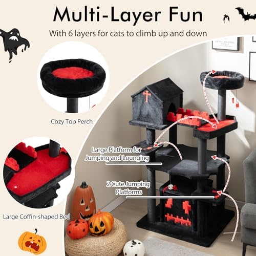 PETSITE 49 inch Gothic Cat Tree, Multi-Level Halloween Goth Cat Tree Tower with Coffin Bed, Scratching Posts, 2 Condos, Cozy Top Perch, Bat-Shaped Teasing Balls, Black