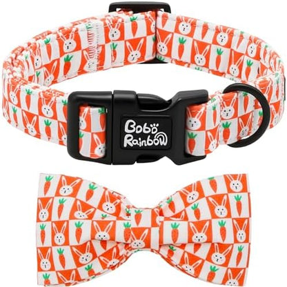 Dog Collars, Easter Carrot Rabbit Print Cotton Collar Holiday Adjustable Light Plastic Buckle Collar with Bow Pet Collar Gift for Medium Dogs