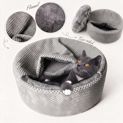 Winsterch Small Gray Kitten Bed with Soft Cover,Washable Cozy Round Pet Bed