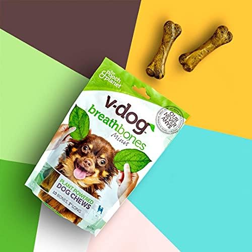 V-dog Dog Treats - Vegan Breathbone Teeth Cleaning Dental Bones - Fresh Breath - 8 Ounces - Minis - All Natural, Made in USA - 10 Bones - 3" Long - Easy to Digest (Pack of 3)