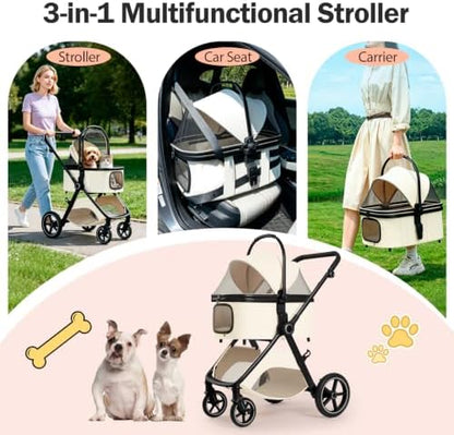 3 in 1 Pet Stroller for Small Medium Dogs,Luxury Dog Stroller with Reversible & Height-Adjustable Handle,Washable Pad&Liner,Rubber Wheels,for Puppy,Senior Pets,Outdoor,Shopping&Vet Visits (Beige)