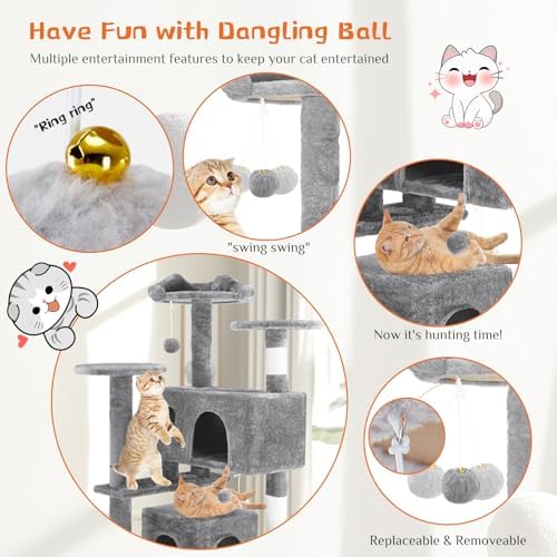 Sweetcrispy 54-Inch Cat Tree Tower – Multi-Level with Sisal Scratching Post, Perfect Pet Gift, Indoor Condo with Climbing Ladder, Plush Toy, and More Animal Stuff, Light Grey