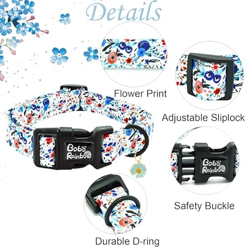 Dog Collar-Cute Flower Adjustable Pet Collars Soft Comfortable Puppy Collar Blue Cotton Dog Collars Durable Necklace Gift for Small Dogs
