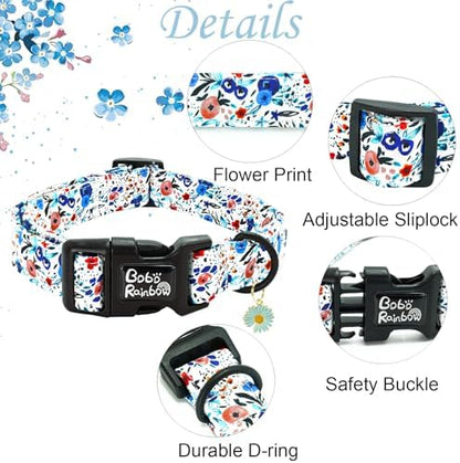 Dog Collar-Cute Flower Adjustable Pet Collars Soft Comfortable Puppy Collar Blue Cotton Dog Collars Durable Necklace Gift for Small Dogs