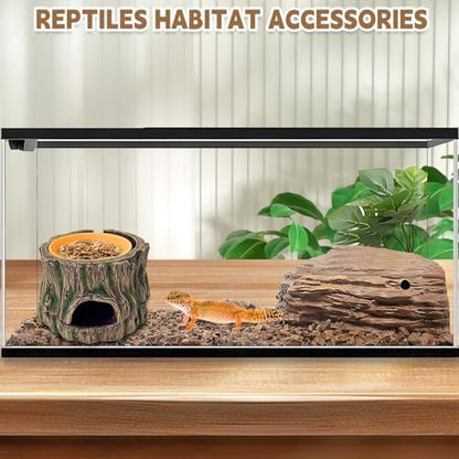 PINVNBY 3 in 1 Reptile Hide Cave with Removable Sump and Humidity Water Dish,Reptiles Hideout Water Tank Accessories for Small Reptiles Gecko,Leopard Gecko,Lizard,Snake,Crabs