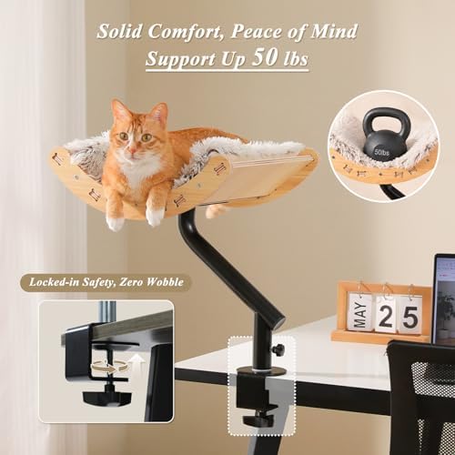 PEQULTI Desk Cat Bed, 360° Rotating Clamp-On Cat Hammock, Wood, Beige