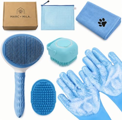 6-Piece Dog and Cat Grooming Kit - Self Cleaning Slicker Brush, Deshedding Brush, Bath Brush with Soap Dispenser, Grooming Bath Gloves, Microfiber Towel and Storage Pouch (Blue)
