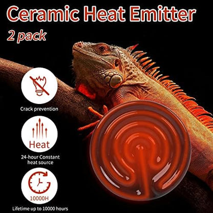 75W Ceramic Heat Emitter (2 Pack), Reptile Heat Lamp Bulbs, Ceramic Heater for Amphibian, Pet Brooder Coop, Chicken, Dog