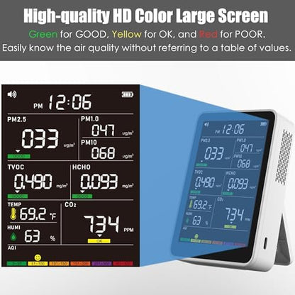 16-in-1 Indoor Air Quality Monitor, High-Precision Multi-Parameter Smart Air Quality Tester with HD Real-Time Color Screen, Portable Air Quality Monitor for Home, Office, Cars, School, Bedroom