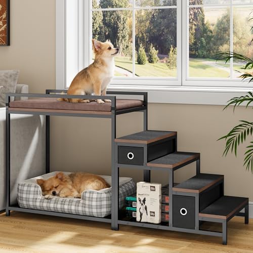 kepptory Dog/Cat Window Perch with Stairs and Seat Cushion, Pet Bunk Bed with Storage Drawers, Bedside Dogs Cot for Small, Medium Cats & Dogs, Pet Stairs Ramp(Brown)