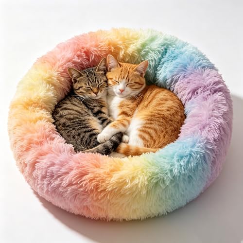 Cat Beds for Indoor Cats - Anti Anxiety Round Dog Beds for Small Medium Dogs, Fluffy Plush Faux Fur Pet Bed (Rainbow, Large 24" L x 24" W)