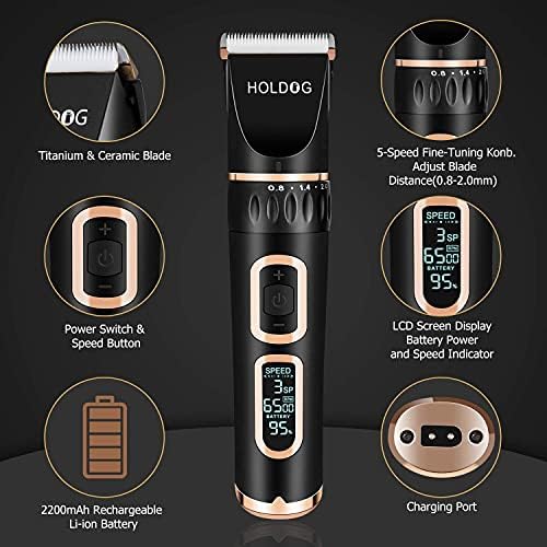 HOLDOG Dog Clippers Professional Heavy Duty Grooming Clipper 3-Speed Low Noise High Power Rechargeable Cordless Pet Tools for Small & Large Dogs Cats Pets with Thick Coats