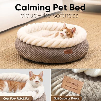 FUKUMARU Cute Round Cat Bed, Calming Donut Small Dog Beds, Washable