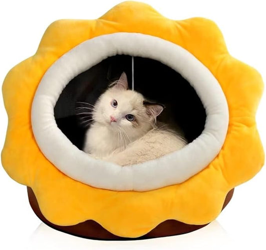 Cat Beds for Indoor Cats - Small Cat Bed with Anti-Slip Bottom, Sunflower-Shaped Cat/Dog Cave with Hanging Toy, Puppy Bed with Removable Cotton Pad, Super Soft Calming, Multiple Sizes(Brown M)