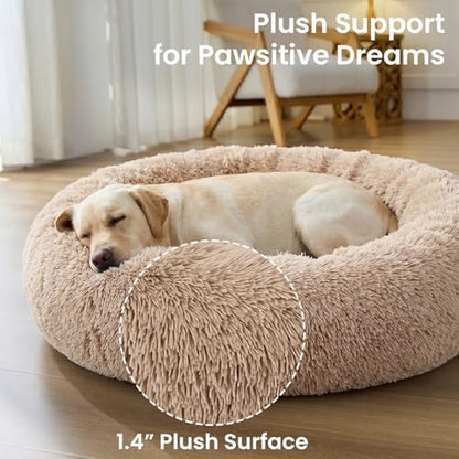 JOLLYVOGUE Calming Dog Beds Extra Large Sized Dog, 45in Donut Washable Large Pet Bed, Anti-Slip & Anti-Anxiety Fluffy Faux Fur Round Dogs Bed, Fits up to 125 lbs Pets (Camel)
