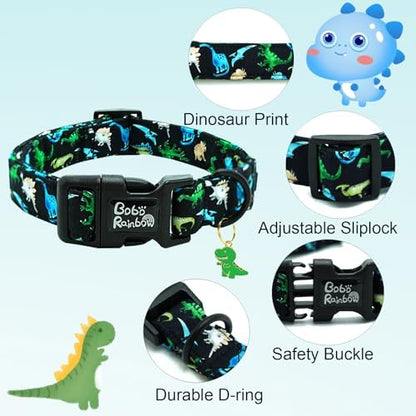 Dog Collar-Black Dinosaur Adjustable Pet Collars Comfortable Spring Summer Puppy Collar Cute Cotton Collars Durable Necklace Gift for Medium Dogs