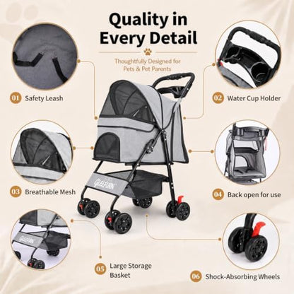 Dog Stroller, Pet Stroller with 4 Wheels, Foldable Dog Strollers for Small Medium Dogs & Cats, Cat Stroller with Storage Basket, Breathable Mesh, 360° Wheels & Rear Brakes Grey