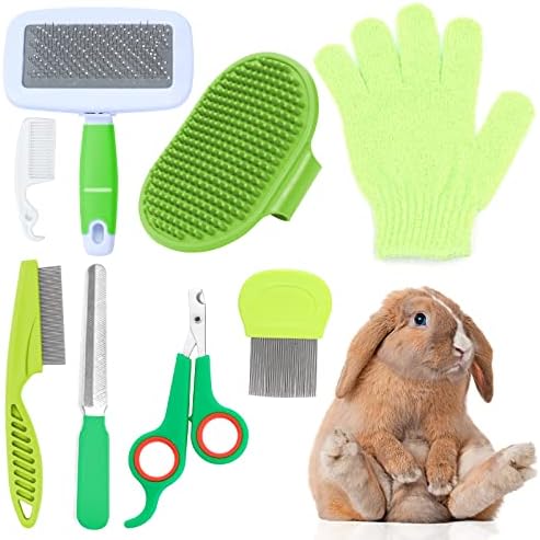 VCZONE 8 Pcs Small Animal Grooming Kit, Pink with Pet Nail Clipper and File, Flea Comb, Pet Shampoo Bath Brush, Pet Shedding Slicker Brush, Bath Massage Glove, Cleaning Comb (Green)