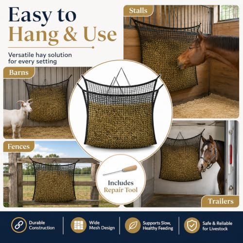 2.6x2.6 Ft Round Bale Hay Net for Horses & Goats, 1.2" Holes Slow Feeder Hay Nets with Hay Net Repair Tool