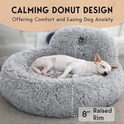 PetJett Calming Dog Bed Medium Size Dog - 30'' Donut Bed, Washable Dog Bed - Anti-Slip Super Soft Fluffy Plush Round Bed, Anti-Anxiety Premium Comfort Pet Bed, Fits Dogs up to 45 lbs - Bright Grey