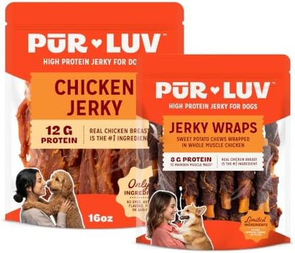 Pur Luv Dog Jerky Treat Bundle, Dog Chicken Jerky + Sweet Potato Jerky Wraps, Made with Real Chicken, 16 Ounces, Rawhide Free, Healthy, Easily Digestible, Long Lasting, High Protein Dog Treat