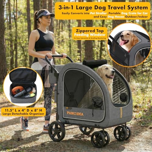 PAWZIDEA 3-in-1 Large Dog Stroller with Detachable Carrier, 45% Extra Tall