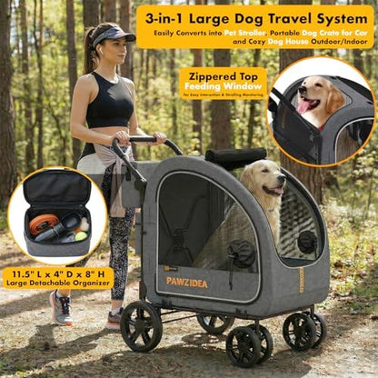 PAWZIDEA 3-in-1 Large Dog Stroller with Detachable Carrier, 45% Extra Tall